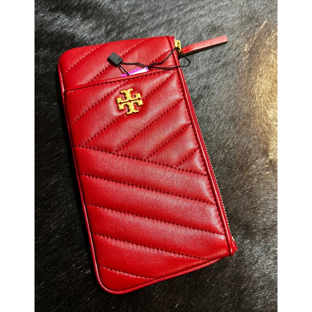 Tory Burch Kira Chevron Zip Slim Wallet Womens Red EUC Quilted Leather
